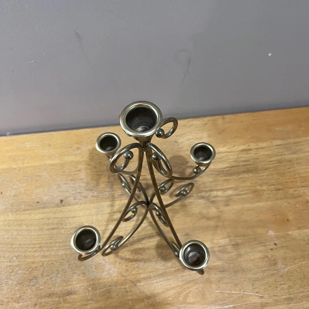 Vtg Brass Tone 5 Light Candelabra Scroll Design Taper Candle Holder 12.5